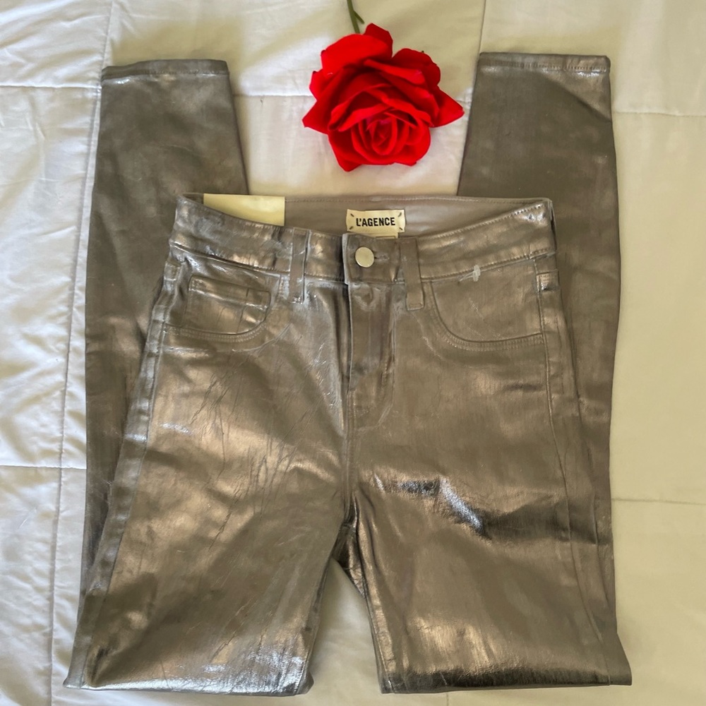 NWOT L’AGENCE Margot high rise crackled foil metallic denim - Picture 10 of 16